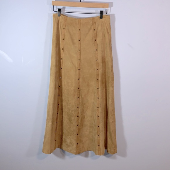 Rods camel tan suede studded maxi aline leather skirt size 8 vintage western - Picture 1 of 9